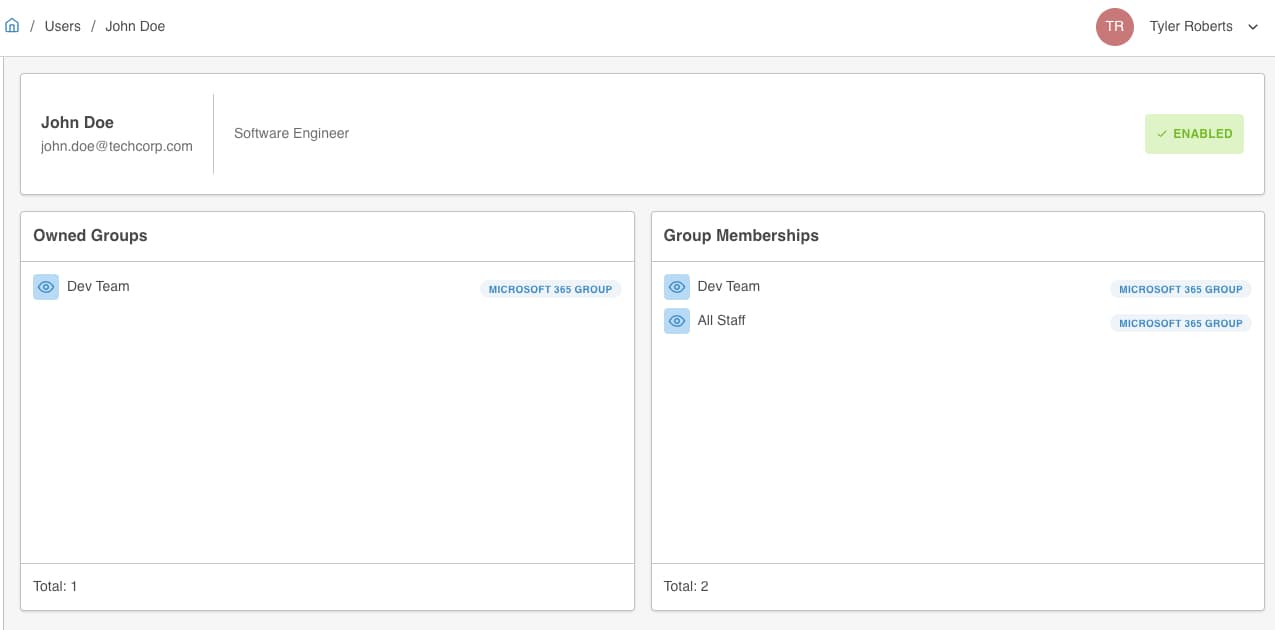 User overview page showing user details and group memberships